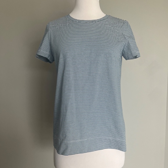 Lafayette 148 Kim Cotton Mini Stripe Roundneck Casual T-Shirt Top White Teal - Picture 11 of 13